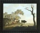 Aquatint etching, 18th c. – hand-colored, 49.5 x 63.5 cm, "Landscape with peasants and cattle", R;