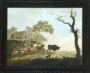 Aquatinte, 18e s. – coloriée à la main, 49,5 x 63,5 cm, "Paysage avec paysans et bovins", R ;