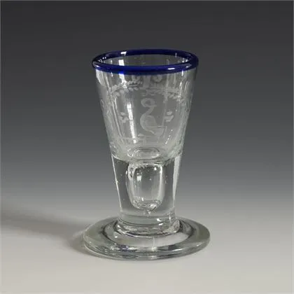 Baroque schnapps glass with blue rim. Lauenstein