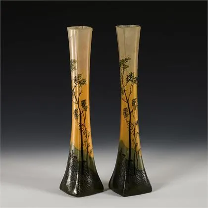 Paar Jugendstil vazen met landschapsdecor. Legras & Cie