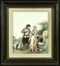 Peintre de genre du 19e siècle – Aquarelle, 20 x 18 cm, "Jeune couple à la fontaine", signée en bas à gauche de manière illisible, datée au dos 1865, inscription française, tachée, R
