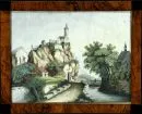 19th century landscape painter – watercolour-gouache, 24 x 30.5 cm, "Landscape with castle", damaged, R;