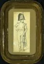 Peintre militaire du 19e s. – Dessin au crayon, 36 x 14 cm, "Soldat napoléonien", signature illisible, brunie, tachée, R;