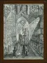 Monogrammist 20e eeuw – Pentekening, aquarel, 50 x 37 cm, "Gothiciserend interieur met orgelpositieven", gemonogrammeerd middenonder "A. A." (geligeerd), gedateerd 1984, R;