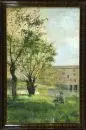 Artiste inconnu du 20e s. – Aquarelle, 49 x 31 cm, "Paysage de rive avec garçon se reposant", inscription illisible en bas à gauche, brunie, tachée, R;