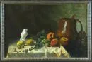 Agster, M., 20e-eeuwse kunstenaar – Olie/doek, 52 x 82 cm, "Stilleven met koperen kan, fruit en vogelfiguur", gesigneerd linksboven, gedateerd 1926