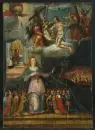 Peintre de sujets sacrés du 17e s. – Huile/bois, 89 x 63 cm, "Madonna della Misericordia", fissures, restauré, sans cadre
