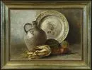 Kalisch, E., 19e-eeuwse kunstenaar – Olie/doek op karton, 33 x 46 cm, "Stilleven met maïskolven, pompoenen en servies", gesigneerd rechtsonder, gedateerd 1899