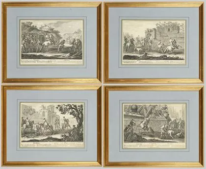 RIDINGER, Johann Elias（1698 乌尔姆 - 1767 奥格斯堡）。《Reitschule》中的四幅版画