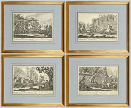 RIDINGER, Johann Elias (1698 Ulm - 1767 Augsburg). Fire blad fra "Reitschule"