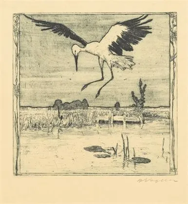 VOGELER, Heinrich (1872 - 1942)。《池塘上方的鹳》