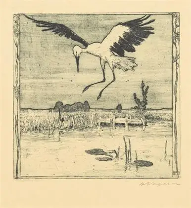 VOGELER, Heinrich (1872 - 1942). "Stork over dammen"