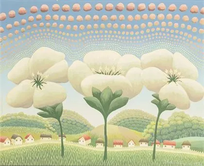 RABUZIN, Ivan（1921年克柳奇 - 2008年瓦拉日丁）。带三朵花的稚拙风景