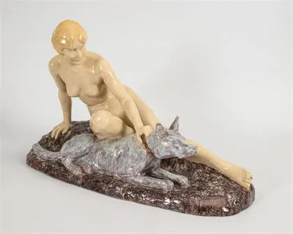 Nu féminin assis avec chien