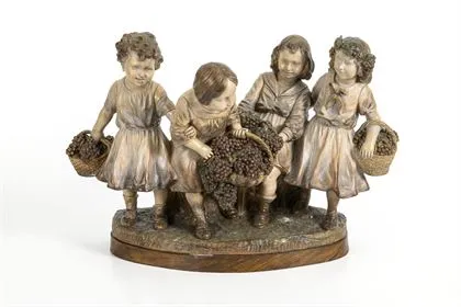 Grote jugendstil terracotta kindergroep "Druivenoogst"