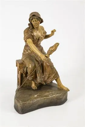 Paysanne assise avec rouet. Wiener Manufaktur Friedrich Goldscheider