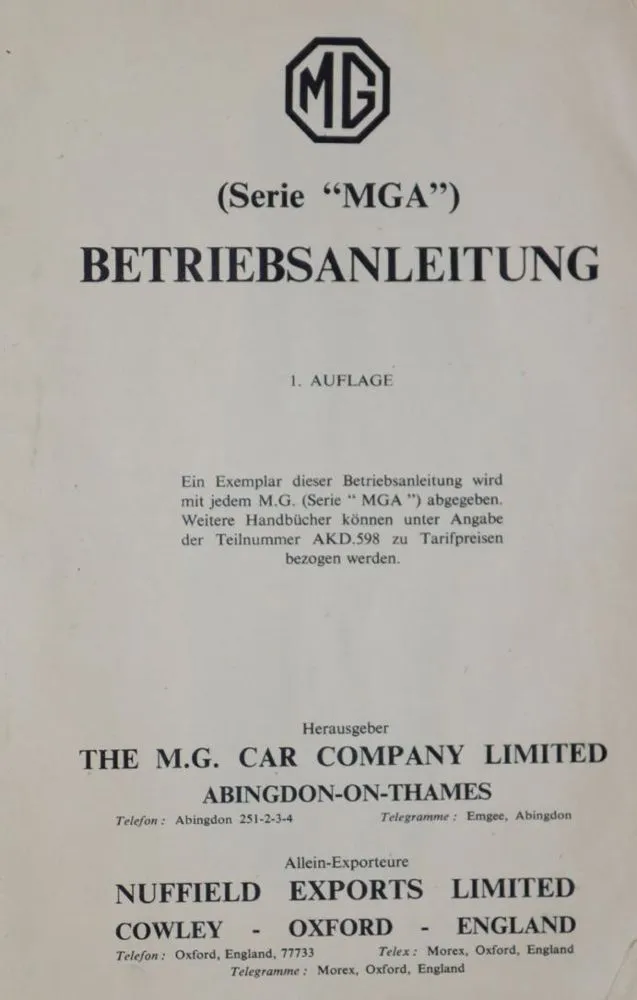 MG Car Company. – Manuel d'utilisation série "MGA"