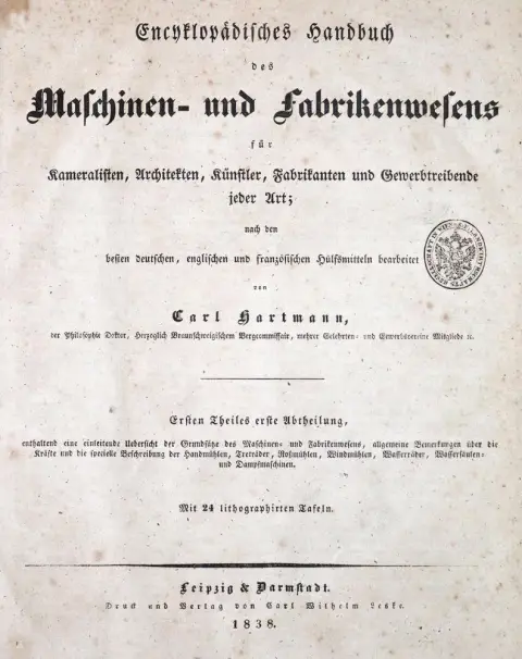 Hartmann,C. – Encyklopaedisches Handbuch des Maschinen- und Fabrikenwesens für Kameralisten, Architekten, Künstler, Fabrikan