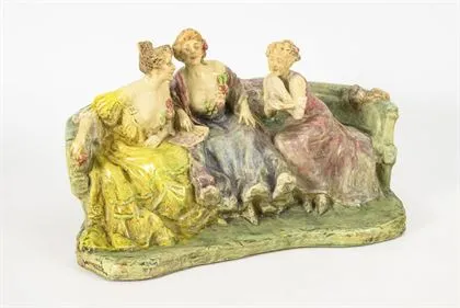Jugendstil beeldengroep "Klatsch und Tratsch". Edmond Lachenal Céramiste en Agnes de Frumerie