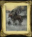 Konarski, J., kunstenaar 19e/20e eeuw – Olie/karton, 14,5 x 12,5 cm, "Avondlijk winterlandschap met ruiter", gesigneerd rechtsonder, lit.: Artprice