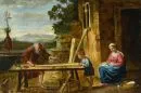 Kopist des 19. Jh. – Öl/Lwd, doubl., 40 x 60 cm, "Hl. Familie in der Werkstatt", nach A. Caracci, restauriert, o.R;