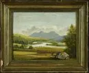 Landschaftsmaler des 19. Jh. – Öl/Holz, 14 x 18,5 cm, "Weite Landschaft mit Wanderer", rücks. undeutl. bez.;