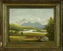 Peintre paysagiste du 19e s. – Huile/bois, 14 x 18,5 cm, "Vaste paysage avec randonneur", inscription illisible au dos