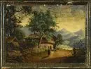 Peintre paysagiste du 19e s. – Huile/bois, 24 x 32 cm, "Paysage de montagne avec ferme et servante"