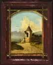 Landschaftsmaler des 19. Jh. – Öl/Lwd, 31 x 23 cm, bogenförmiger Bildausschnitt, "Landschaft mit Turm und Wanderer";