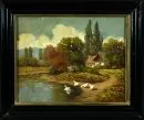 Krajinář 19./20. stol. – Olej/karton, 32 x 41 cm, "Statek s husami", nezřetelná sign. vpravo dole, poškozeno