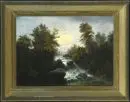 Peintre paysagiste des 19e/20e s. – Huile/toile, 72 x 99 cm, "Torrent de montagne avec cabane au clair de lune"
