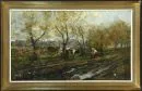 Peintre paysagiste des 19e/20e s. – Huile/toile, 90 x 147 cm, "Paysage avec bergère se reposant", sign. illisible en bas à droite, petits manques de couleur et retouches, parties doublées, percée en bas