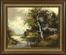 Landschaftsmaler des 20. Jh. – Öl/Lwd, 40 x 50 cm, "Uferlandschaft mit Hütte";