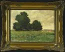 Peintre paysagiste du 20e s. – huile/panneau de contreplaqué, 25 x 35 cm, "Paysage", sign. illisible en bas à droite, cachet d'exportation au dos