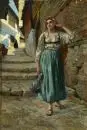 Madler, Robert, artiste du 20e s. – Huile/carton, 92 x 63 cm, "Ruelle de vieille ville avec jeune femme", signé en bas à gauche, endommagé, sans cadre, réf. : Artprice