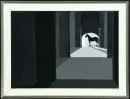 Mangini, Rita, artiste du 20e s. – Huile/toile sur carton, 50 x 69 cm, "Cheval noir dans une enfilade d'arcades", signé en bas à droite, daté (19)81 (sous la baguette), taché