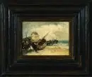 Peintre de marines du 20e s. – Huile/bois, 12,5 x 16,5 cm, "Bateaux sur la plage", signé en bas à droite de manière illisible