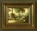 Meyer, J., artiste, 20e s. – Huile/contreplaqué, 13 x 18 cm, "Dans la basse-cour", signée en bas à gauche ;