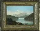 Monogrammiste du 19e s. – Huile/tôle, 18 x 24 cm, "Lac alpin avec bateau", monogramme en bas à droite "B. M." ;