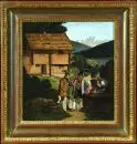 Monogrammiste du 19e s. – Huile/toile, 40 x 36,5 cm, "Rencontre à la fontaine", monogramme peu lisible en bas à gauche "J. B." (?), daté 1830 ;