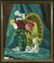Monogrammiste du 20e s. – Huile/toile, 59 x 50 cm, "Nature morte avec roses, figure et plat bombé", monogramme illisible en haut à gauche, daté (19)27