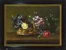 Neumann, 20e-eeuwse kunstenaar – Olie/doek, 50 x 70 cm, "Stillleben mit Rosen, Veilchen und Weidenkätzchen in einem Bastkorb"