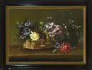 Neumann, artiste du 20e s. – Huile/toile, 50 x 70 cm, "Stillleben mit Rosen, Veilchen und Weidenkätzchen in einem Bastkorb"