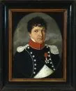 Portretschilder 19e eeuw – Olieverf/doek, 30 x 23 cm, ovaal beeldvlak, "Portret van een officier", onduidelijk gesigneerd op achterzijde "Noel Grangé ... 1813"