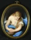 Porzellanmaler des 19./20. Jh. – Porzellanbild, 8 x 6,5 cm, oval, "Die büßende Maria Magdalena", nach P. Batoni, Messingrahmen;
