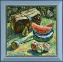 Russische kunstenaar 20e eeuw – Olie/doek, 41 x 41 cm, getiteld op verso "Stilleven met mand", gesigneerd rechtsonder, geannoteerd op verso "Marjenko W."