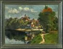 Schink, W., kunstenaar 20e eeuw – Olie/doek, 36 x 50,5 cm, "Zicht op een klein stadje aan het meer in nazomer", gesigneerd rechtsonder