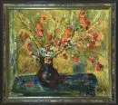 Peintre de natures mortes du 20e s. – Huile/panneau, 69 x 79 cm, "Fleurs dans un vase", signé en bas à droite de manière illisible ;