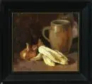 Peintre de natures mortes du 20e s. – Huile/panneau de fibres, 29 x 32 cm, "Nature morte avec cruche et légumes" ;