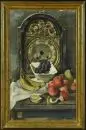 Peintre de natures mortes du 20e s. – Huile/toile, 63 x 38 cm, "Nature morte avec horloge et fruits", sign. illisible en bas à droite